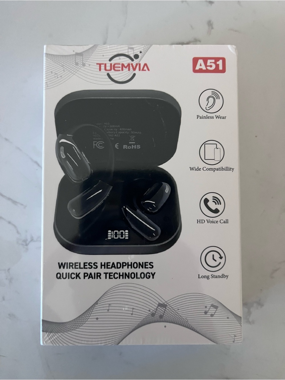 Tuemvia A51 Wireless Earbuds in Black - Quick Pair Bluetooth Headphones